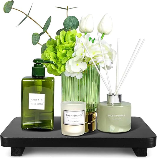 Black Bathroom Counter Organizer Tray Wood Riser Kitchen Countertop Trays Dish Soap Dispenser Holder for Bathroom Decor Wooden Pedestal Display Stands Kitchen Sink Accessories Vanity Tray