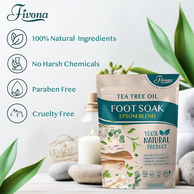 Fivona Tea Tree Foot Soak Blend 14.1 oz - Epsom Salt with Essential Oils for Healthy Toenails, Soothing Relief, Callus Softening - Pedicure Therapy for Soft, Rejuvenated Feet