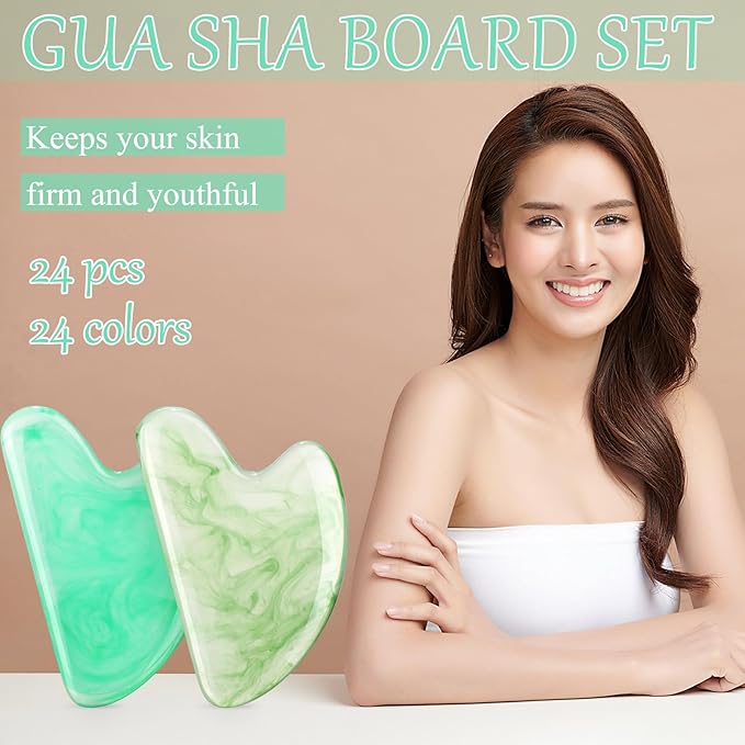 Sherr 24 Pcs Gua Sha Facial Tool Resin Gua Sha Massage Tool Heart Shaped Gua Sha Stone Guasha Board for Face Body Skin Massage Spa Acupuncture Prevent Wrinkles (Mixed Colors)