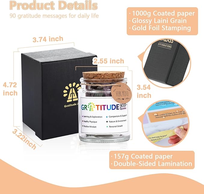 Gratitude Jar with 90 Colorful Gratitude Quotes Cards,Inspirational Appreciation Graduation Birthday Gifts for Women Men Teen Friend Coworker,Thanksgiving Gifts-Daily Discovery of Appreciation Moments