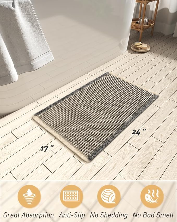 AMOAMI Upgraded Waffle Bath Mat, Super Absorbent Non Slip Bath Mats for Bathroom Floor, Machine Washable Bathroom Rugs with Tassels, Rubber Backed Bathroom Mats, Ultra Soft, 17" x 24"