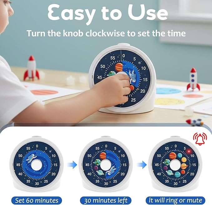 BellMan Visual Timer with Pause Button, 60 Minute Countdown Mercury Timer for Kids and Adults with Silent Operation, Study and Meetings Time Management Tool, Design for Home, Office and Gift,Astronaut