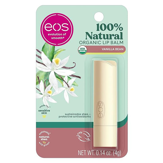eos 100% Natural & Organic Lip Balm Stick- Vanilla Bean | Dermatologist Recommended for Sensitive Skin | All-Day Moisture Lip Care Products | 0.14 oz