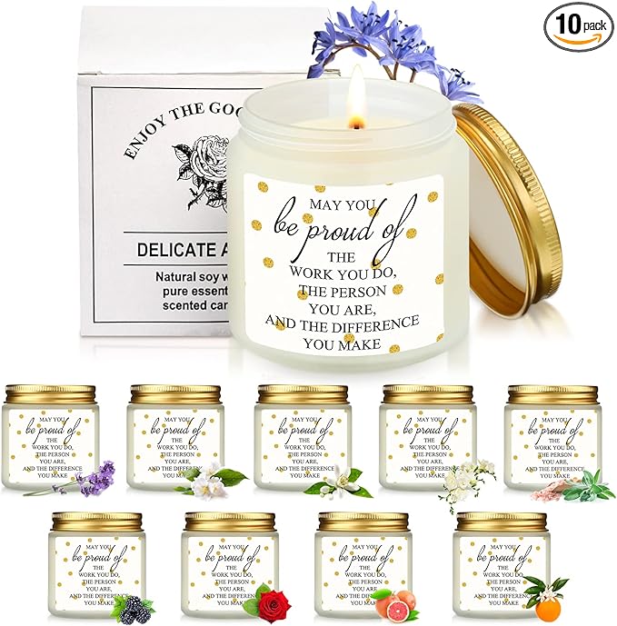 Fumete 10 Pcs Teacher Appreciation Gifts for Coworkers Team Jars Scented Soy Candles 3.5oz Thank You Candles Bulk Gifts for Chaos Coordinator Employee Social Worker Secretaries(White,Proud)