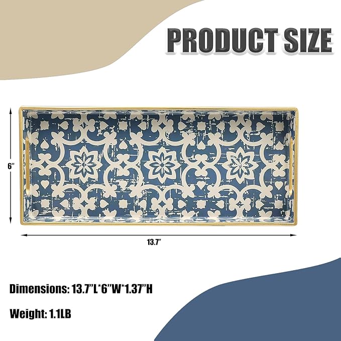 Bathroom Vanity Tray for Countertop, Small Plastic Toilet Tank Tray Versatile Storage & Organization Tray for Makeup, Perfume, Desk, Kitchen, Candles, 13.7"x6"x1.4", 35Boho1