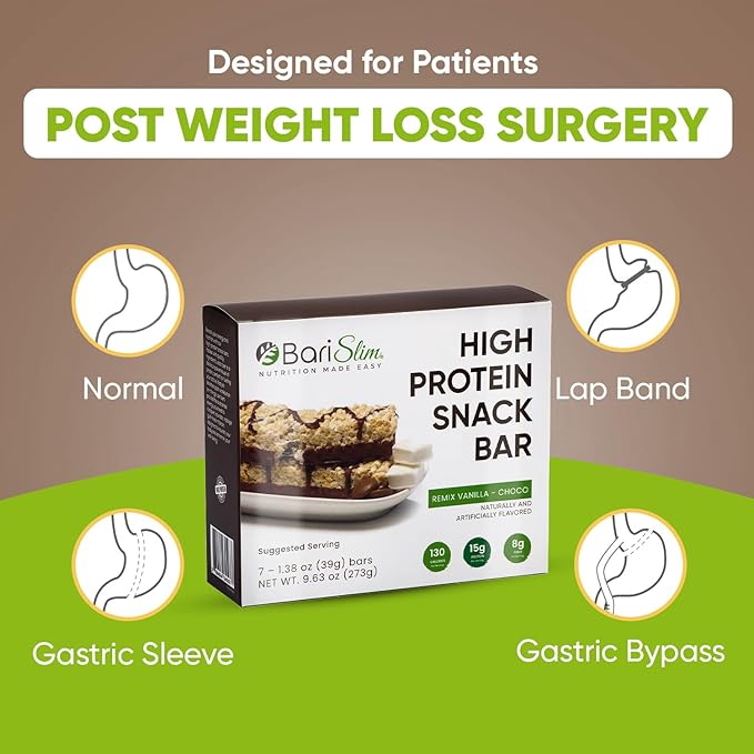 BariSlim High Protein Snack Bar for Bariatric Patients - Nutrient Rich Snack for Post-Surgery Wellness - Ideal for Weight Loss Maintenance & Daily Nutrition | Remix Vanilla Choco Bar (13 oz)