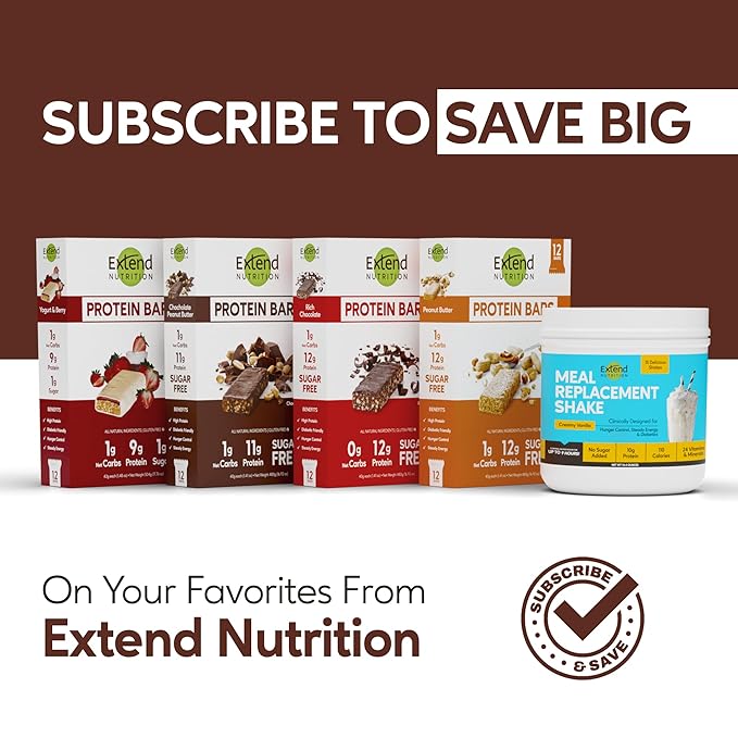 Extend Sugar Free Protein Bars, Perfect Diabetic Snacks, High Protein and Fiber, Hunger Control & Steady Energy, Low Carb, Keto Friendly (12 Count, Chocolate Peanut Butter)