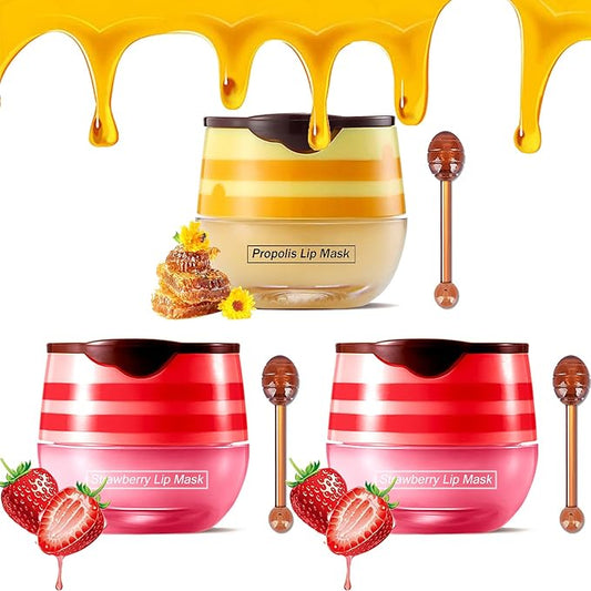 Bee Lip Balm Honey Pot - Strawberry & Honey Moisturizing Propolis Mask, Hydrating Prevention for Dry and Cracked Skin, Exfoliating Scrub, Sleep Mask Reduces Lines - Skin Care Products