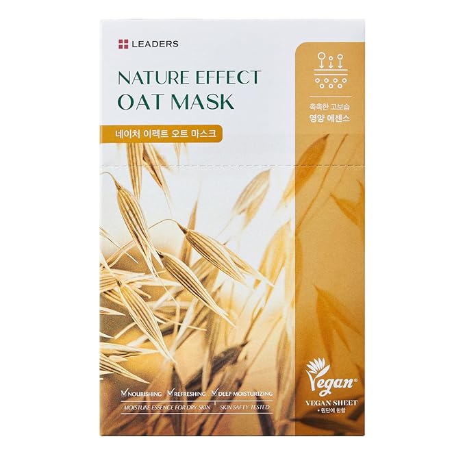LEADERS Nature Effect Oat Mask - Hydrating & Soothing Face Mask for Dry, Irritated Skin | Nourishes, Soothes, Dryness with Oat Extract | Serum Content, Vegan Certified - 10 Sheets