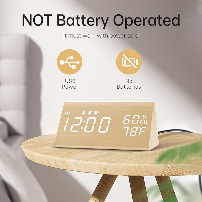 JALL Digital Alarm Clock, with Wooden Electronic LED Time Display, 3 Alarm Settings, Humidity & Temperature Detect, Wood Made Electric Clocks for Bedroom, Bedside (Yellow)