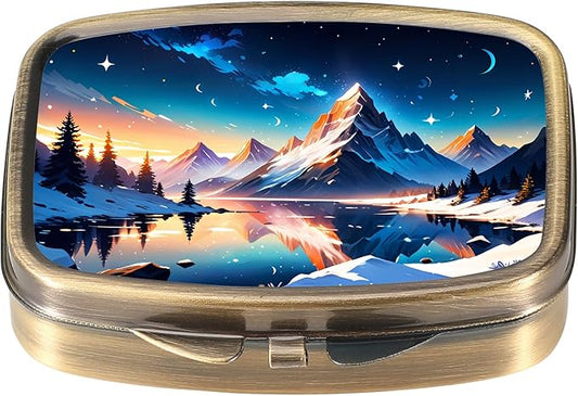 Dynippy Pill Case Pill Box with Mirror Retro Pocket 2 Compartment Medicine Case Vitamin Pill Organizer for Pocket Purse and Travel (Retro- Snowy Mountain Reflections)