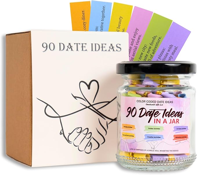 90 Date Ideas In A Jar Date Night Ideas Color Coded Date Ideas Budget-friendly Date Jar Wedding/Anniversary/Bridal Shower/Newlyweds Gifts for Couples, Him, Her, Boyfriend, Girlfriend, Gag Gifts Funny