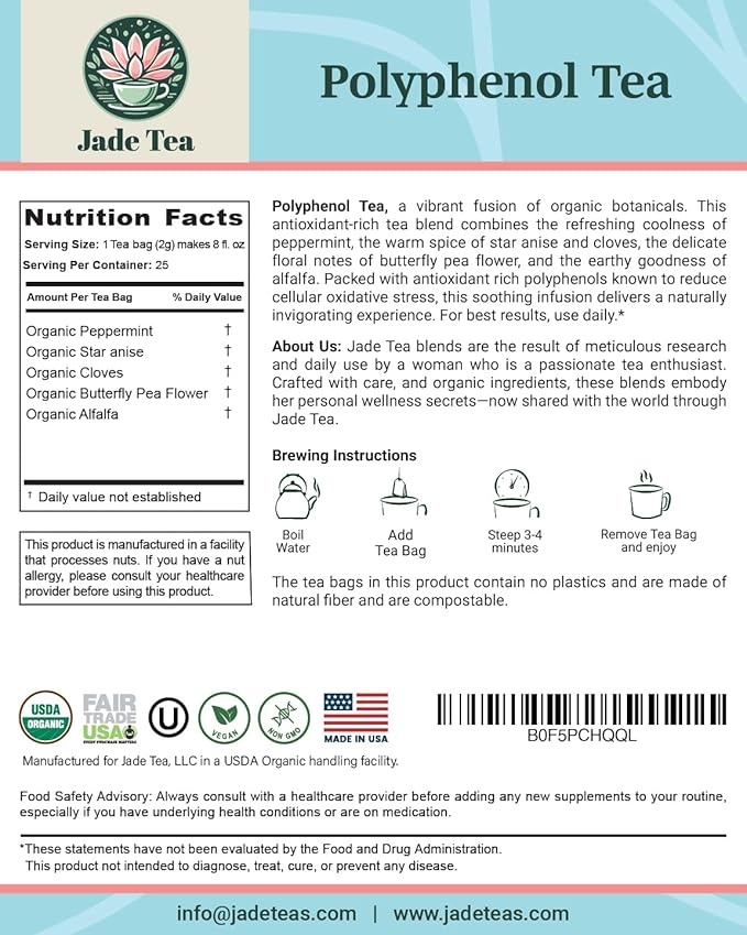 Jade Tea - Organic Polyphenol Tea - Peppermint Leaf, Star Anise, Clove, & Butterfly Pea Flower - Antioxidant Rich for Inflammation Support - 25 Count (Pack of 1) - Made In USA