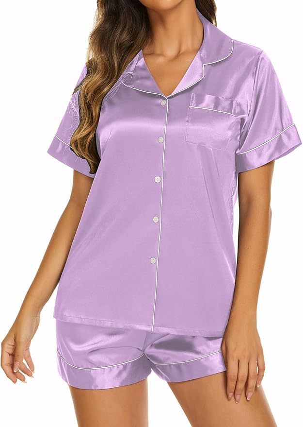 Ekouaer Silk Pajamas for Women Short Sleeve Sleepwear Soft Button Down Loungewear 2 Piece Satin Pjs Shorts Set S-XXL