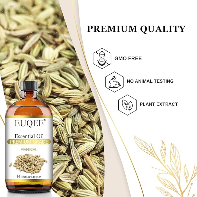 EUQEE Fennel Essential Oil 4Fl.Oz Pure Fennel Oil with Glass Dropper for Skin, Aromatherapy, Diffuser, Soap Making, Candle Making - 118ml