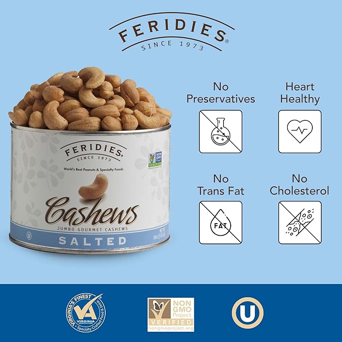 FERIDIES Jumbo Gourmet Whole Cashews Lightly Salted in Vacuum Sealed Nut Tin Gmo Free Kosher 18oz (Pack of 1) Cashews