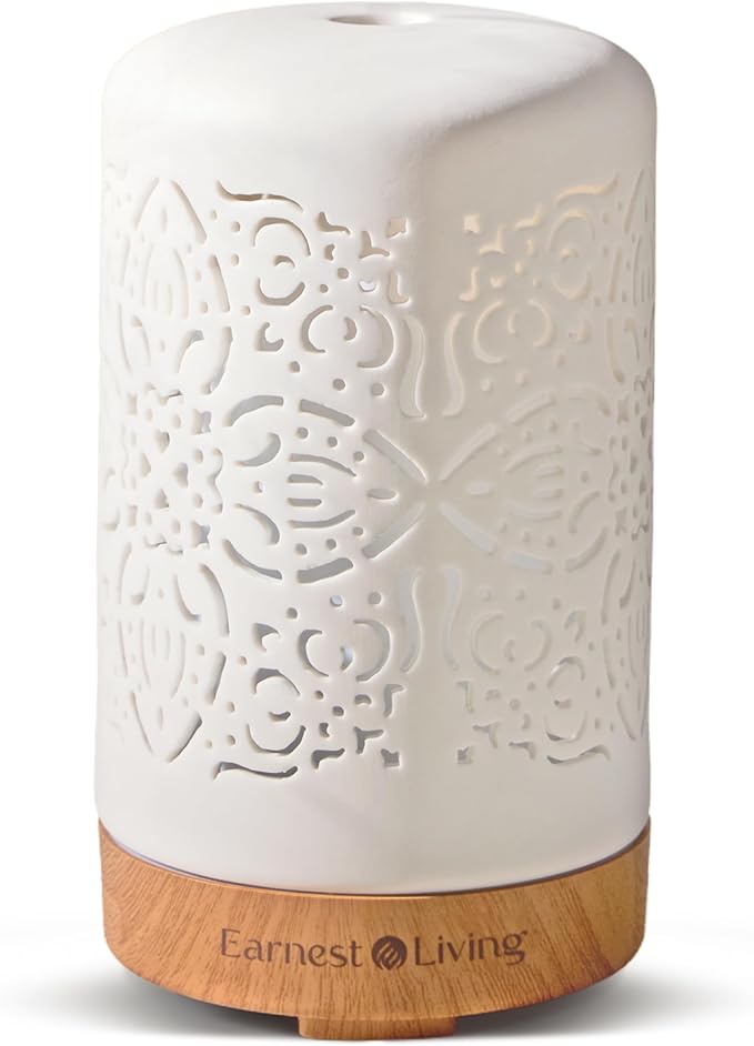 Earnest Living Essential Oil Diffuser White Ceramic Diffuser 100 ml Timers Night Lights and Auto Off Function Home Office Humidifier Aromatherapy Diffusers for Essential Oils