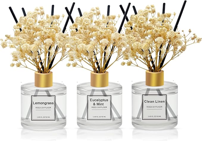 Reed Diffuser Set of 3 Pack,50ML Clean Linen Lemongrass Eucalyptus & Mint Scented Oil Diffuser with 5 Sticks,Home Fragrance Reed Diffuser for Bedroom Bathroom Office