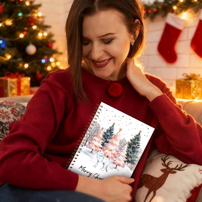 Exqcom Christmas Tree Arctic Fox Spiral Notebook Gifts, Winter Christmas Journal for Women, Snowy Forest Animals Xmas Hardcover Notebook Journal Office School Supplies, 5.5x8.3 Inch
