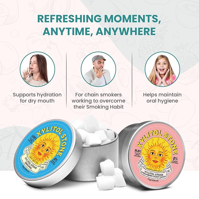 Xylitol Stone Sugar Free Candy - Vegan & Keto Friendly Unique Hard Candy - 100% Natural Flavor Candies - Gluten Free & Non-GMO Breath Freshener Low Calorie Mints - Pack of 2 (Original, Strawberry)