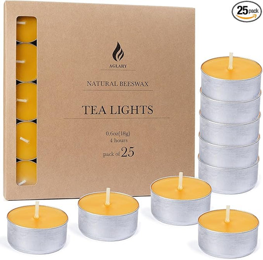 25-Pack Pure Beeswax Tealight Candles in Aluminum Cups - 4-5 Hour Burn Time, Lead-Free Cotton Wick, Natural Unscented Candles