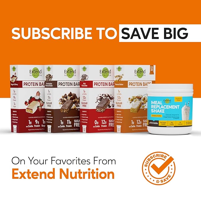 Extend Sugar Free Protein Bars, Perfect Diabetic Snacks, High Protein and Fiber, Hunger Control & Steady Energy, Low Carb, Keto Friendly (Peanut Butter)