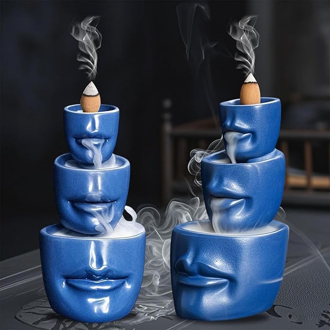 Comeon Backflow Incense Burner Holder, Face Handicraft Decor, Resin Reverse Flow Incense Burner Censer Cone + 20 Backflow Incense Cones 30 Incense Sticks 1 Tweezer 1 Mat (Matte Blue)