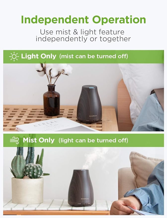 InnoGear Essential Oil Diffuser, Premium 5-in-1 Diffusers for Home Scent Aromatherapy Diffuser Air Desk Humidifier for Bedroom Large Room Office 7 Color LED 2 Mist Mode Waterless Auto Off, Brown