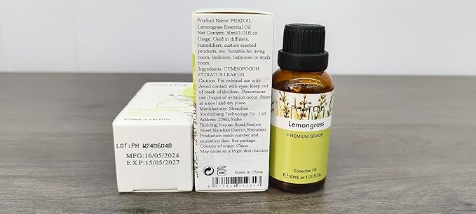 Lemongrass Essential Oil 1.01fl.oz/30ml, PHATOIL Lemongrass Oils Long Lasting Scents for Aromatherapy, Diffuser, DIY Soap and Candle Making