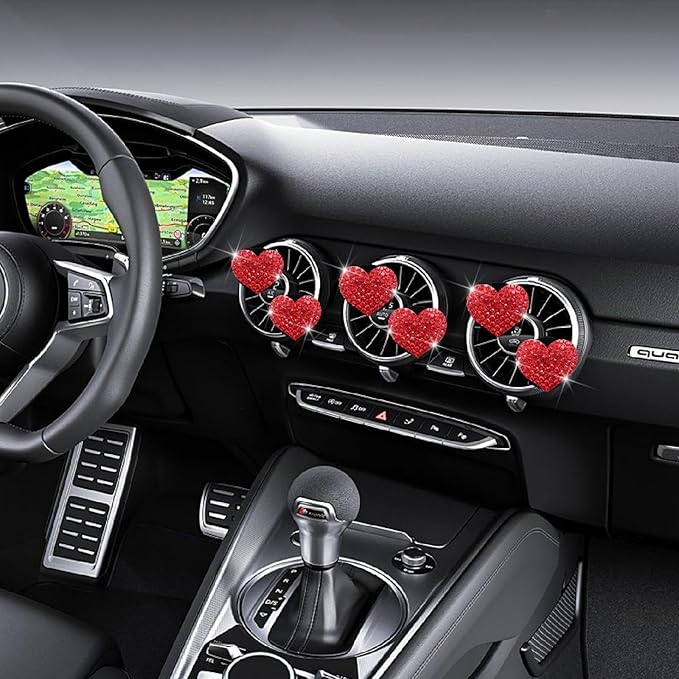6 Pcs Heart-Shaped Crystal Diamond Air Vent Clip, Heart-Shaped Bling Charms Crystal Car Freshening Diffuser, Car Bling Interior Decorative Accessories for Women (Red)