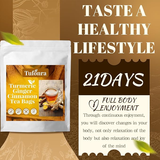Premium Turmeric Ginger Cinnamon Tea Bags, Turmeric Cinnamon Ginger Tea, 100% Natural Hand-Made Blend Ginger Tea, No Sugar, No Caffeine, No Gluten, Vegan (1)