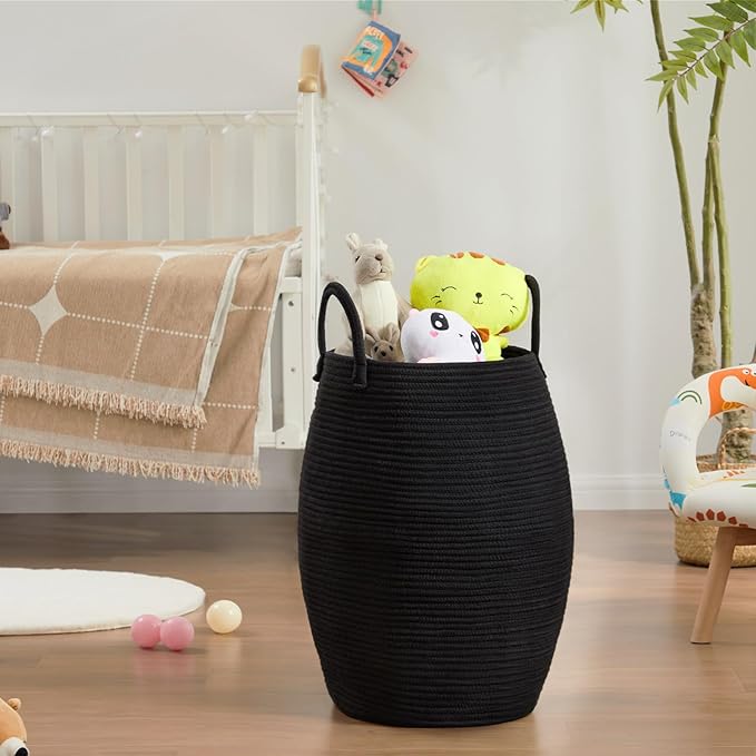 Fiona's magic Cotton Rope Laundry Hamper Basket, 65L Woven Large Laundry Basket, Tall Dirty Clothes Hamper for Storage Blankets, Toys in Bedroom, Living Room Organizing-Collapsible-Black