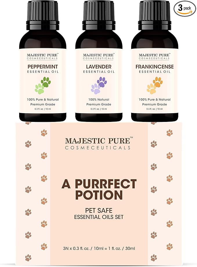 Majestic Pure, Lavender, Peppermint and Frankincense Pet Essential Oil Set | Pet Friendly and Provides Peaceful Atmosphere Used for Diffuser, Room Spray and Topical | Set of 3