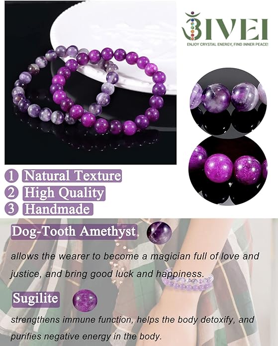 Bivei Natural Gemstone Semi Precious Healing Crystals Handmade Stretchy Round Beads Bracelet, Enhance Positive Energy