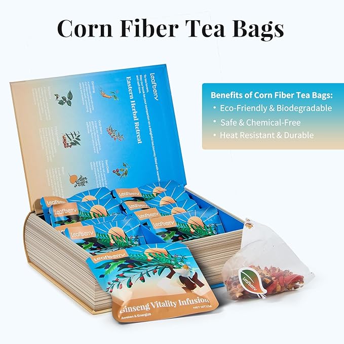 Ginseng Tea Bags - Natural Energy Boost Herbal Tea with Goji Berry & Red Dates, Kidney Tea for Mental Focus, Caffeine F-ree Morning Teas, 10 Counts Starch Bag Gift Box