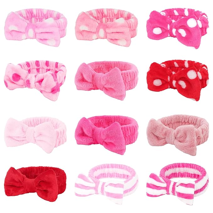 Casoty 12 Pcs Makeup Headband, Spa Headband for Women, Soft Coral Fleece Headbands for Makeup, Bow Hair Band for Face Washing Shower Skin Care Yoga