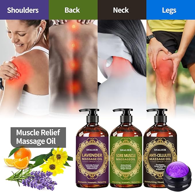 Massage Oils for Massage Therapy,Massage Kit Gifts for Women Men with Arnica, Lavender,Spa Gifts,3 Pack Cellulite,Sore Muscle & Lavender Massage Oils with Massage Ball