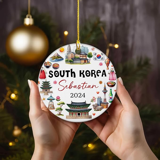 Artistic South Korea Landmarks and Heritage Christmas Keepsake Decor, Personalized Cultural Korean Ceramic Ornament Xmas 2025, Custom Name South Korea City Travel Souvenir Christmas Ceramic Ornament