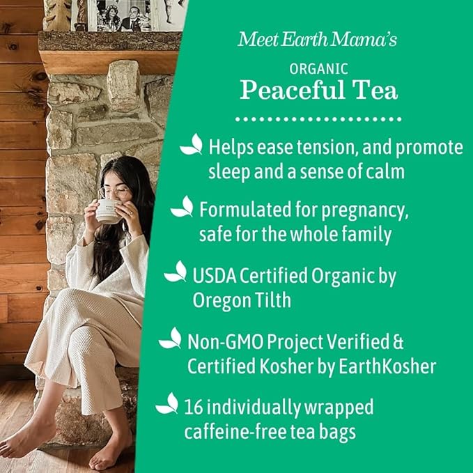 Earth Mama Organic Peaceful™ Tea | Stress Less! Calming, Relaxing Herbal Blend Safe for Pregnancy & Beyond, 16 Teabags Per Box
