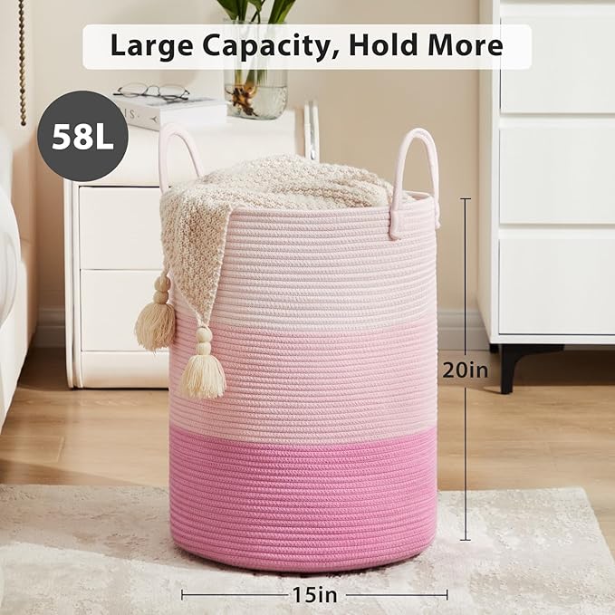 Fiona's magic Cotton Rope Laundry Hamper, Tall Woven Laundry Basket Storage, Baby Nursery Hamper for Blankets, Toys and Clothes Hamper for Bedroom and Living Room Organizing, 58L, Pink