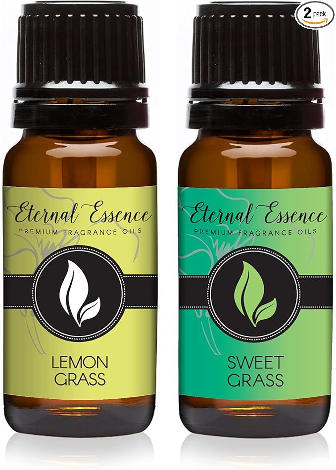 Eternal Essence Oils 2 Pack 10ml Premium Fragrance Oil - Lemon Grass & Sweet Grass - for Candle, Soap Making, Aromatherapy, Diffusers, Home Care, & Humidifiers