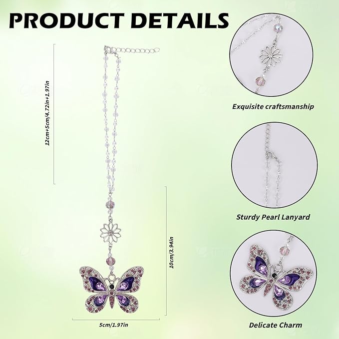 Car Mirror Hanging Accessories - Purple Butterfly Crystal Rhinestone Pendant for Rear View Mirror, Cute Car Interior Accessory for Women, Gift for Driver Mom Friends