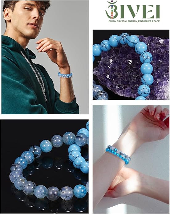 Bivei Natural Gemstone Semi Precious Healing Crystals Handmade Stretchy Round Beads Bracelet, Enhance Positive Energy