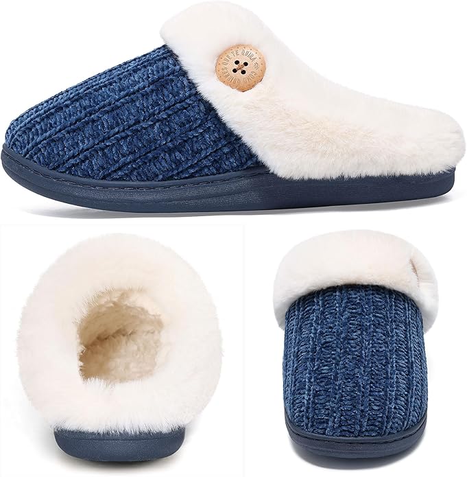 Evshine Warm Knit House Slippers for Women Comfy Wool-Like Lined Chenille Slippers with Memory Foam and Indoor Outdoor Soles