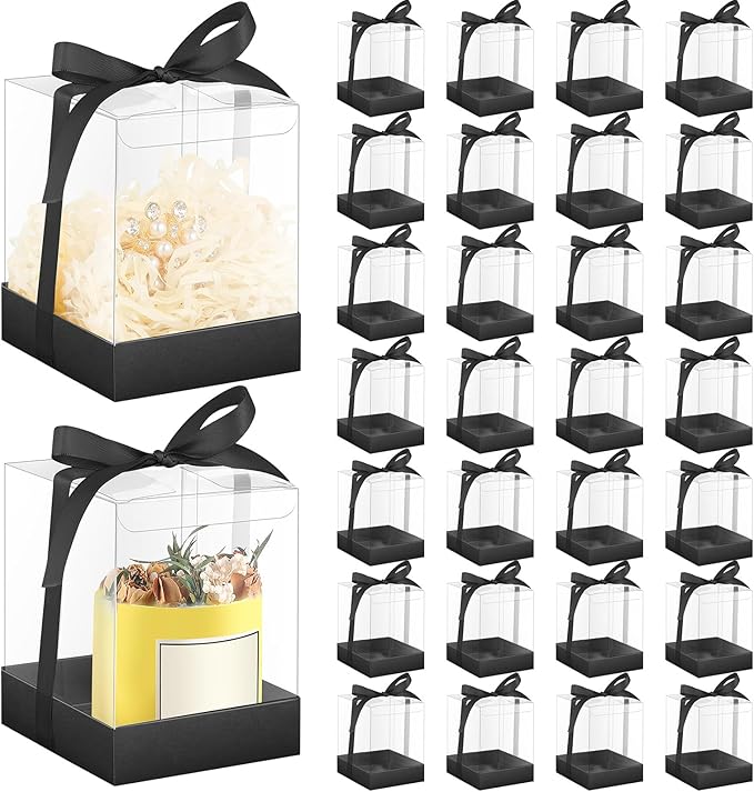 Cunno 36 Set 3.5 x 3.5 x 4.3 in Candle Package Transparent Gift Box 4-18 oz Handmade Tealight Candle Holder Bulk Paper Bottom Ribbon for Wedding Baby Shower Party Mug Cake Wine Glasses(Black)