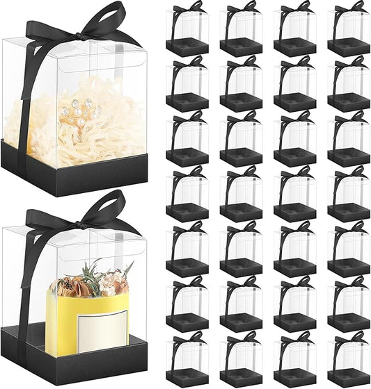 Cunno 36 Set 3.5 x 3.5 x 4.3 in Candle Package Transparent Gift Box 4-18 oz Handmade Tealight Candle Holder Bulk Paper Bottom Ribbon for Wedding Baby Shower Party Mug Cake Wine Glasses(Black)