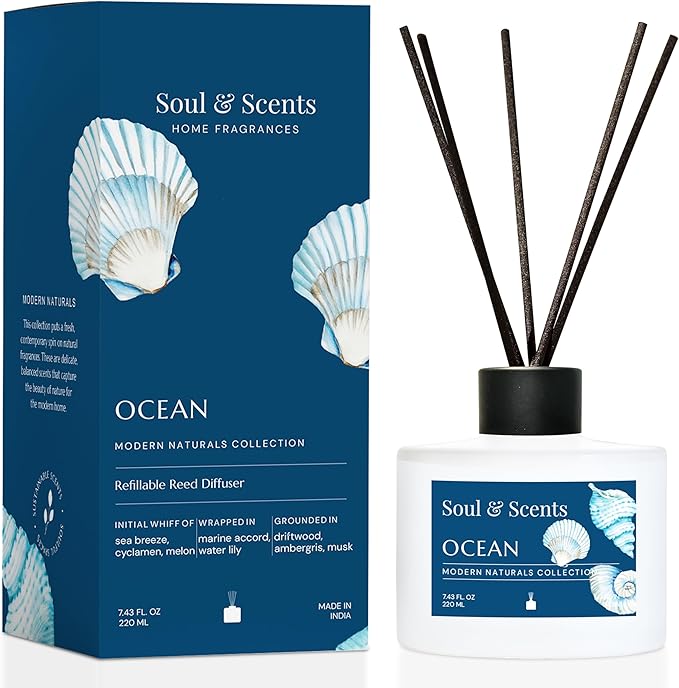 Soul & Scents Reed Diffuser Set – Ocean | 7.43 oz Refillable Scented Oil with 6 Fiber Sticks | Long-Lasting Home Fragrance & Air Freshener for Bedroom, Bathroom, Office | Gift & Décor Piece