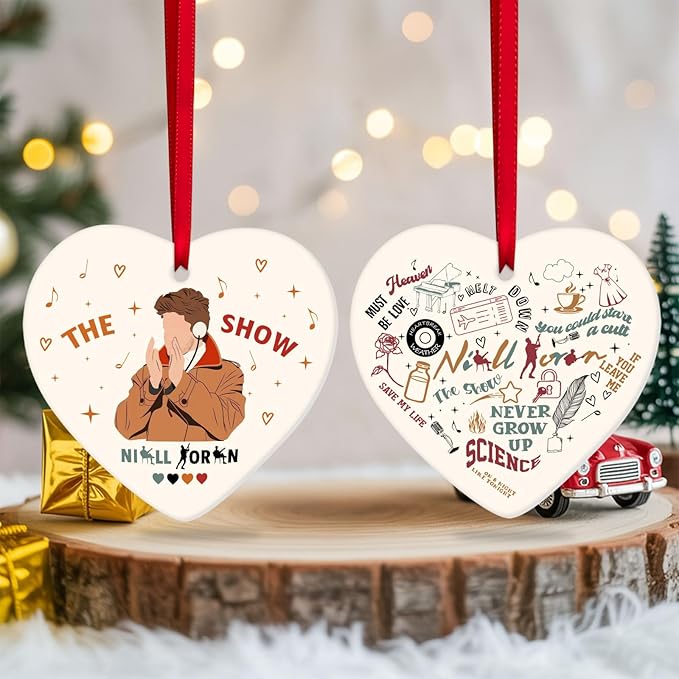 34HD Gifts for Christmas, Males Singer Ornament Heart-Shaped 2-Side Printed Ceramic, Music Gift for Lovers Men Women, Holiday Xmas Tree Hanging Decor