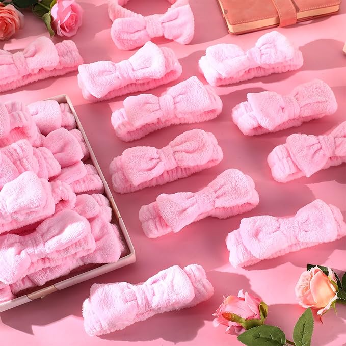 25 Pcs Pink Spa Headband Bulk Pink Makeup Headbands for Washing Face Cute Bow Hairbands Soft Coral Fleece Hairbands for Women Face Skin Care Makeup Spa Gift Shower Yoga