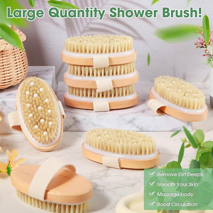 Gejoy 2 Pcs Dry Brushing Body Brush Exfoliating Brush with Massage Nodule Dry Skin Body Scrubber for Shower Bath Back Circulation Improvement Dead Skin Exfoliator (4.92 x 2.56 Inches,Wood Color)
